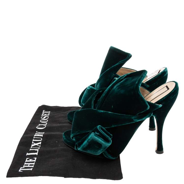 Pre Owned N21 Dark Green Velvet Knot Mules Size 38