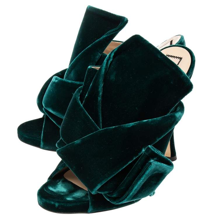 Pre Owned N21 Dark Green Velvet Knot Mules Size 38
