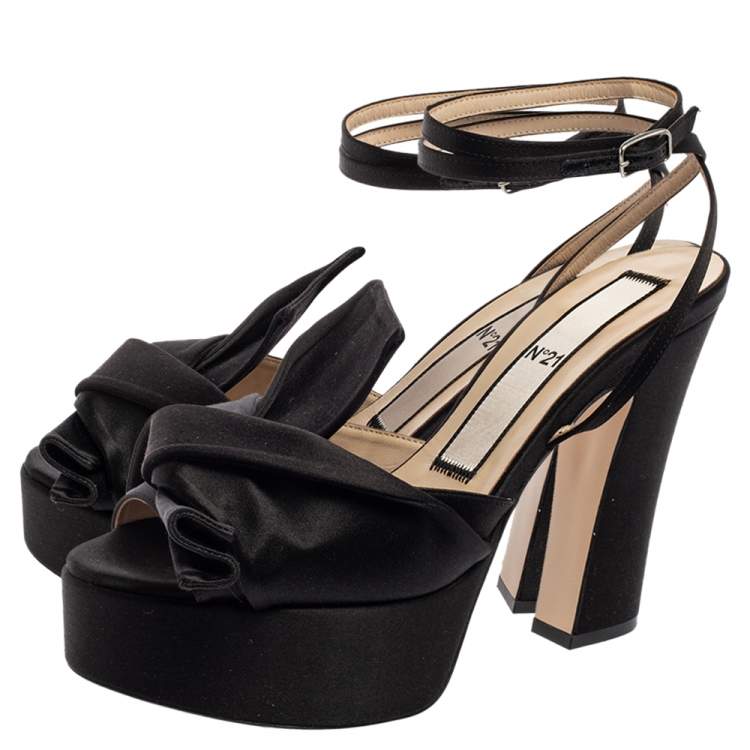 Pre Owned N21 Black Satin Knot Ankle Strap Platform Sandals Size 39