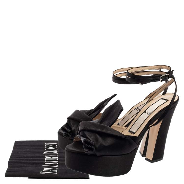 Pre Owned N21 Black Satin Knot Ankle Strap Platform Sandals Size 39