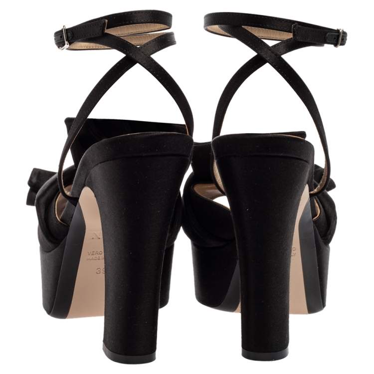 Pre Owned N21 Black Satin Knot Ankle Strap Platform Sandals Size 39
