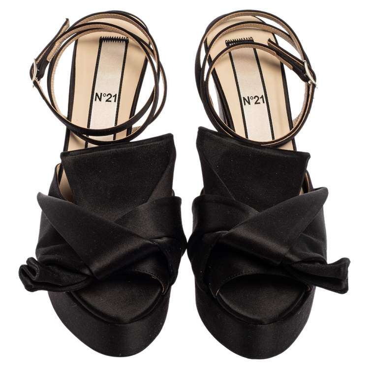Pre Owned N21 Black Satin Knot Ankle Strap Platform Sandals Size 39