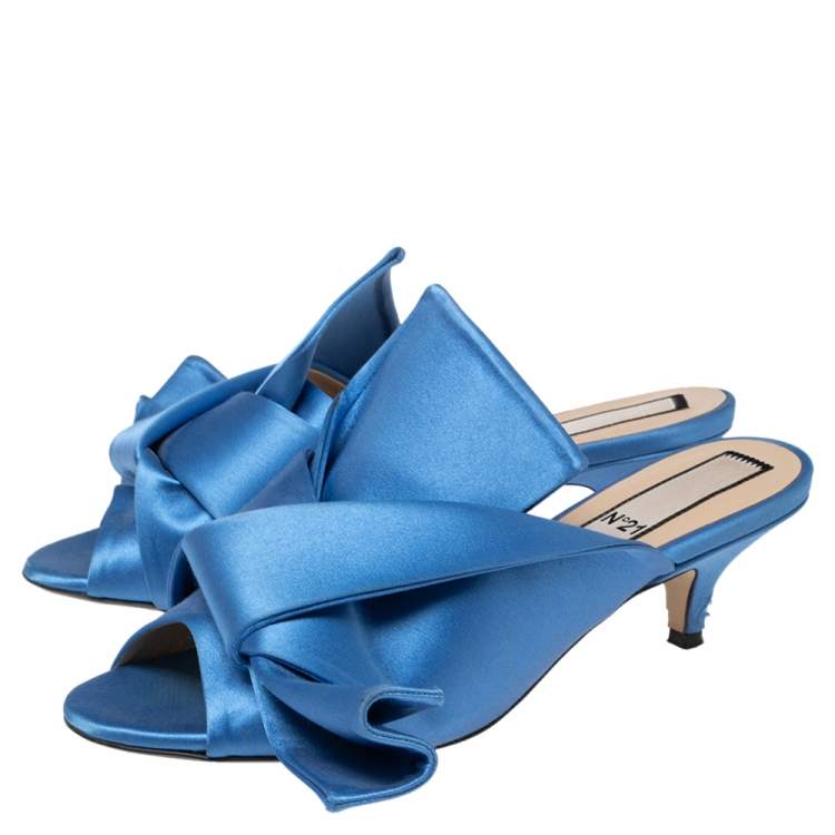 Pre Owned Nº21 Blue Satin Raso Knot Peep Toe Kitten Heel Mules Size 36.5