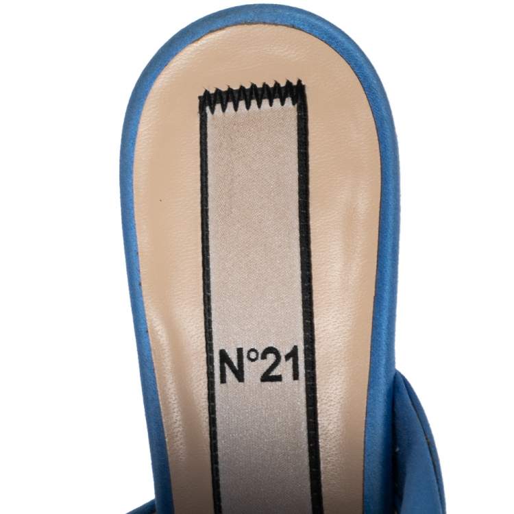 Pre Owned Nº21 Blue Satin Raso Knot Peep Toe Kitten Heel Mules Size 36.5