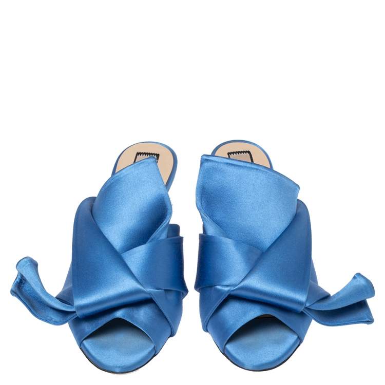 Pre Owned Nº21 Blue Satin Raso Knot Peep Toe Kitten Heel Mules Size 36.5