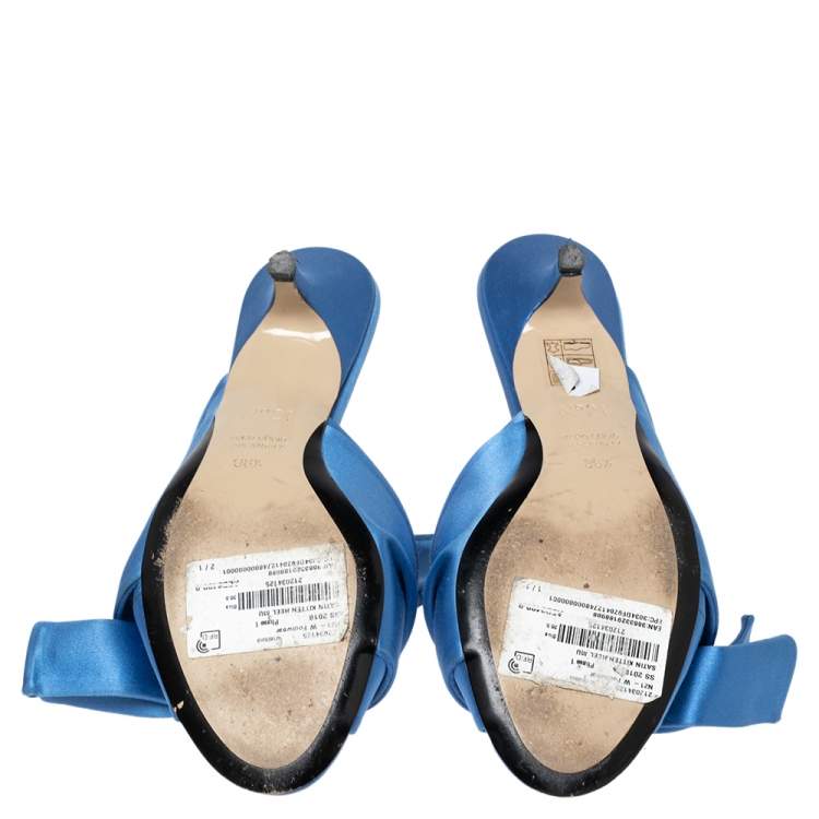 Pre Owned Nº21 Blue Satin Raso Knot Peep Toe Kitten Heel Mules Size 36.5