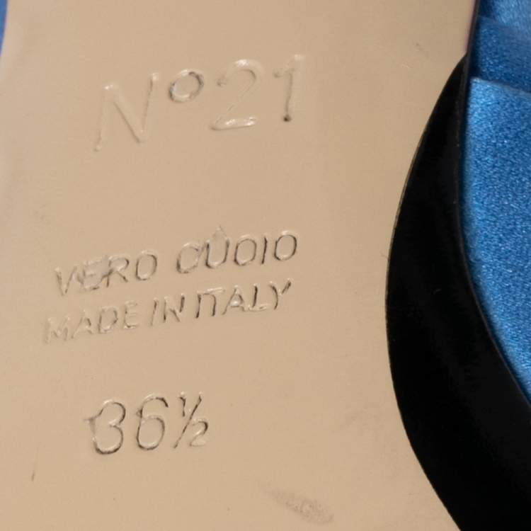 Pre Owned Nº21 Blue Satin Raso Knot Peep Toe Kitten Heel Mules Size 36.5
