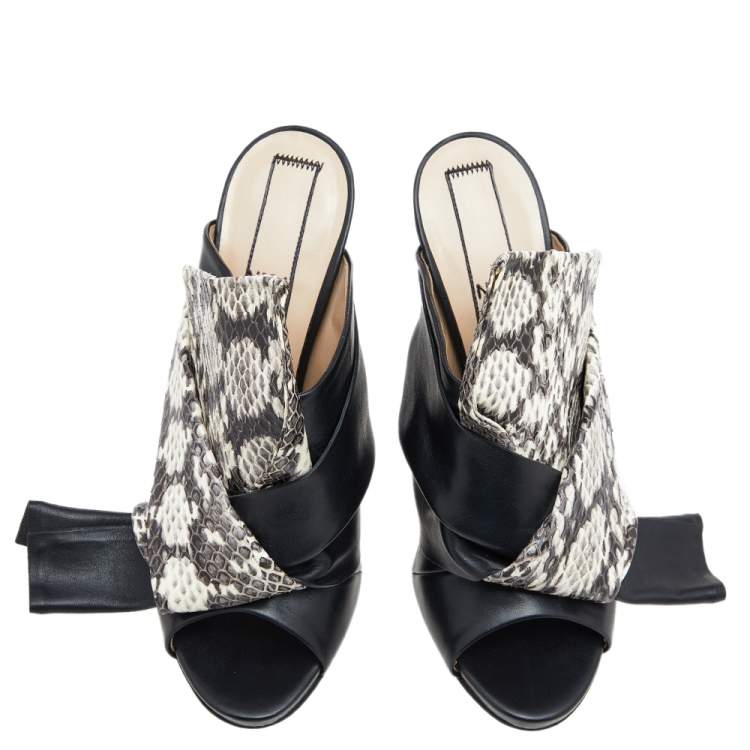 Pre Owned N21 Black/Beige Python Leather Knot Mule Sandals Size 40