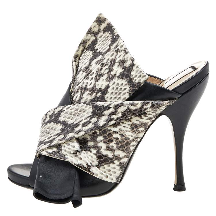 Pre Owned N21 Black/Beige Python Leather Knot Mule Sandals Size 40