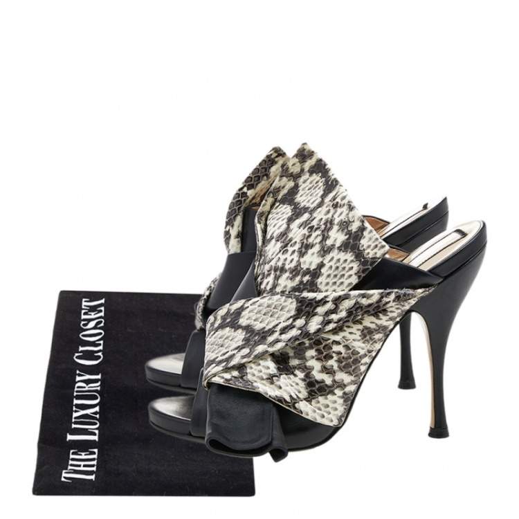 Pre Owned N21 Black/Beige Python Leather Knot Mule Sandals Size 40