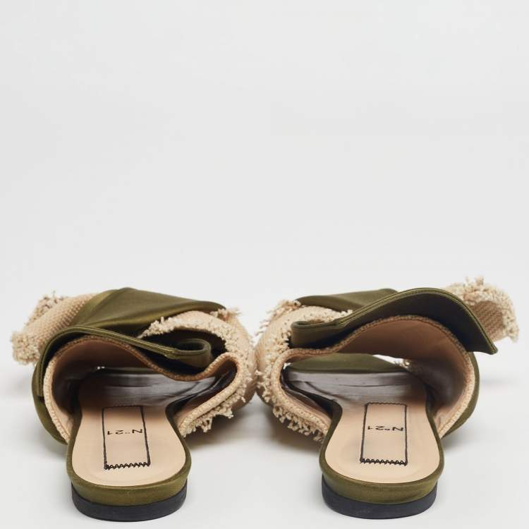 Pre Owned Nº21 Army Green/Beige Satin and Canvas Raso Knot Flat Mules Size 39