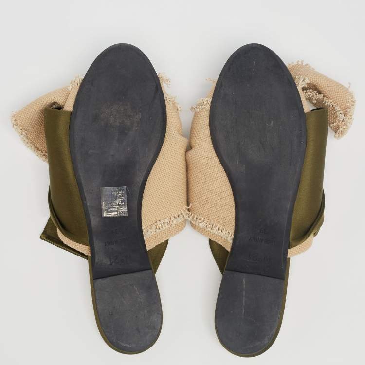 Pre Owned Nº21 Army Green/Beige Satin and Canvas Raso Knot Flat Mules Size 39