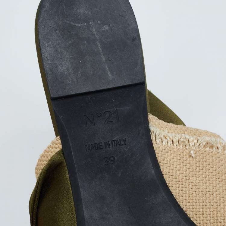 Pre Owned Nº21 Army Green/Beige Satin and Canvas Raso Knot Flat Mules Size 39