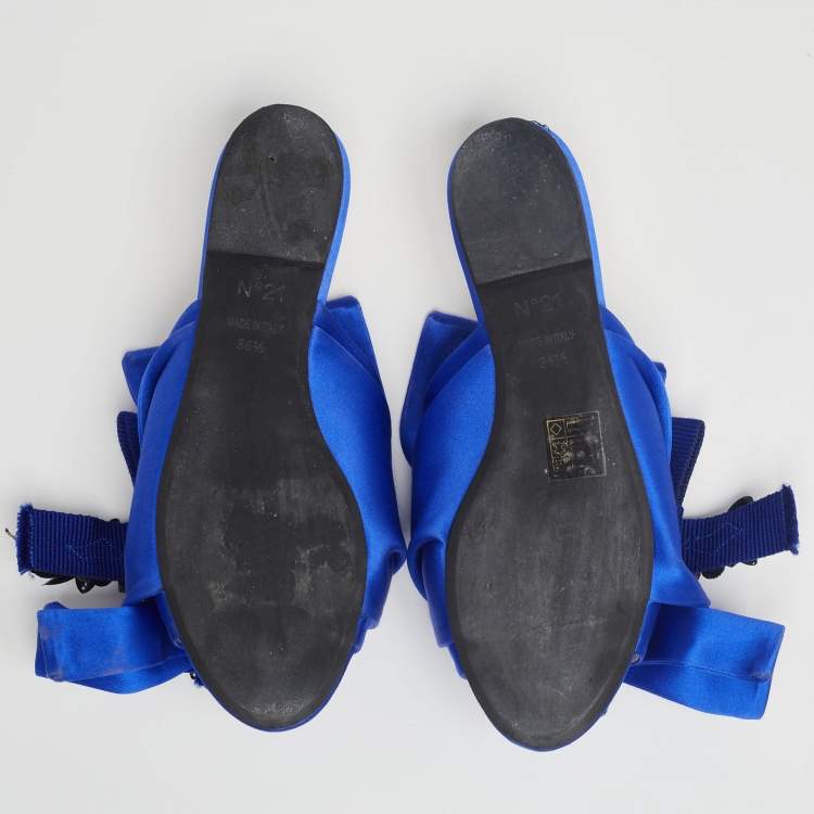 Pre Owned Nº21 Royal Blue Satin Embellished Knot Flat Mules Size 36.5