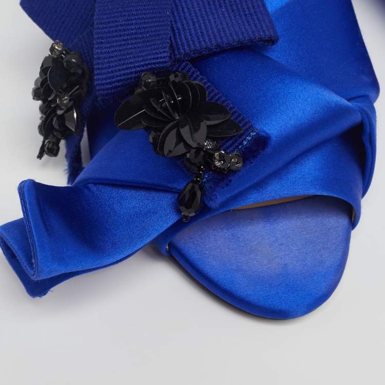 Pre Owned Nº21 Royal Blue Satin Embellished Knot Flat Mules Size 36.5