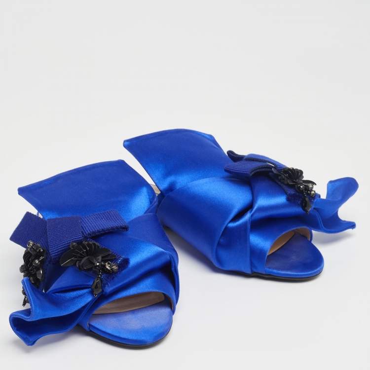 Pre Owned Nº21 Royal Blue Satin Embellished Knot Flat Mules Size 36.5