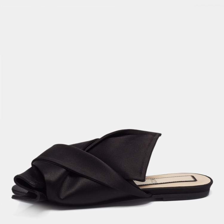 Pre Owned N21 Black Satin Knot Flat Mules Size 38