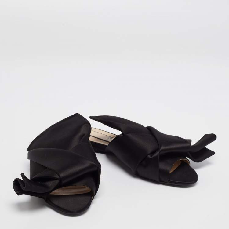 Pre Owned N21 Black Satin Knot Flat Mules Size 38