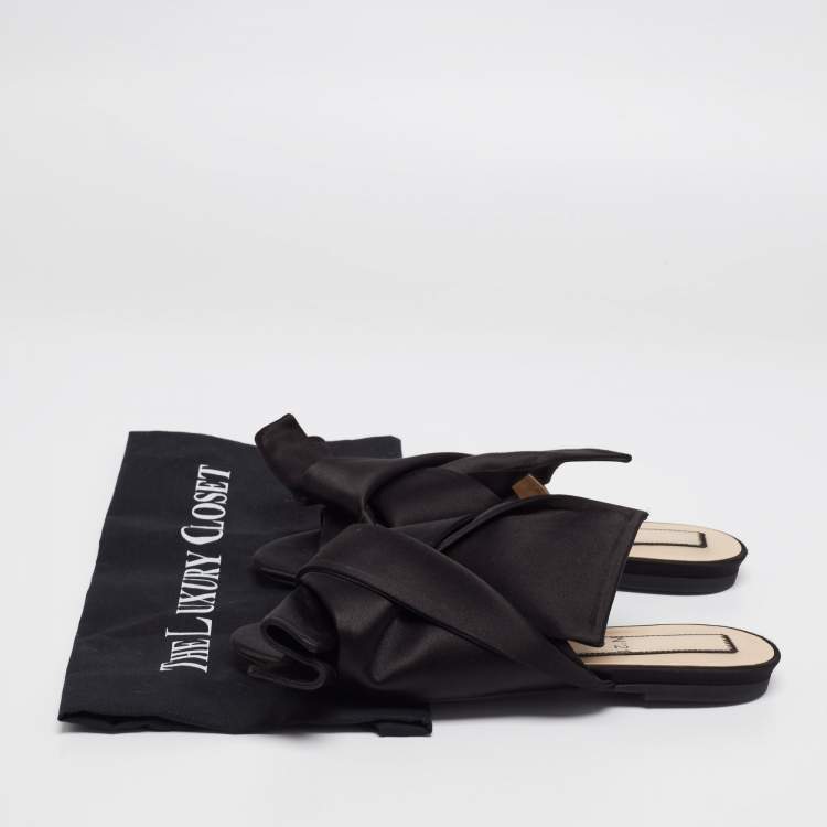 Pre Owned N21 Black Satin Knot Flat Mules Size 38