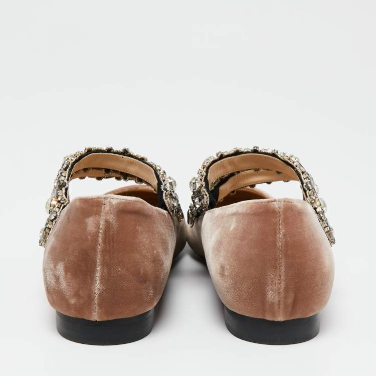 Pre Owned Nº21 Brown Velvet Crystal Embellished Ballet Flats Size 39.5