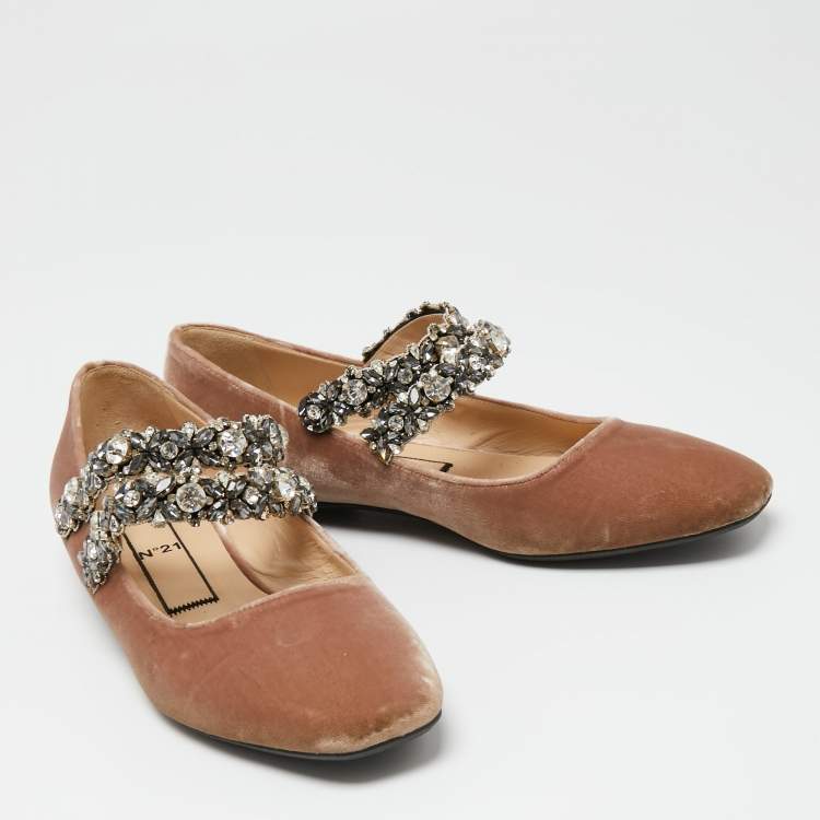 Pre Owned Nº21 Brown Velvet Crystal Embellished Ballet Flats Size 39.5