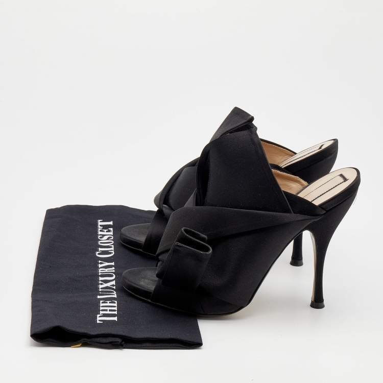 Pre Owned Nº21  Black Satin Raso Knot Peep Toe Slide Mules Size 41