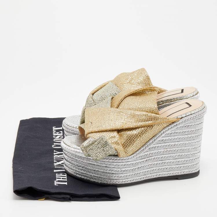 Pre Owned N21 Silver/Gold Glitter Fabric Raso Knot Espadrille Platform Wedge Sandals Size 35.5