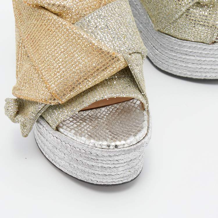 Pre Owned N21 Silver/Gold Glitter Fabric Raso Knot Espadrille Platform Wedge Sandals Size 35.5