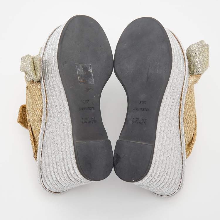 Pre Owned N21 Silver/Gold Glitter Fabric Raso Knot Espadrille Platform Wedge Sandals Size 35.5