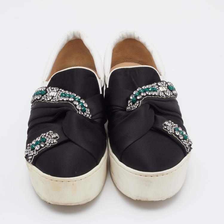 Pre Owned N21 Black/White Satin And Leather Crystal Embellished Platform Slip On Sneakers Size 37