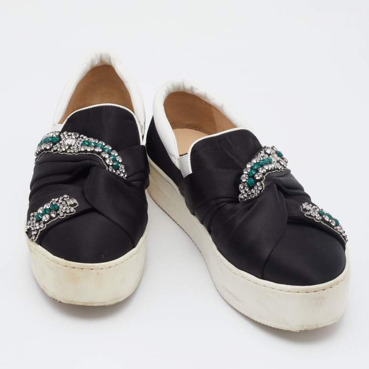 Pre Owned N21 Black/White Satin And Leather Crystal Embellished Platform Slip On Sneakers Size 37