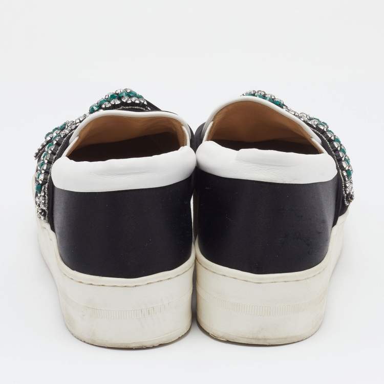 Pre Owned N21 Black/White Satin And Leather Crystal Embellished Platform Slip On Sneakers Size 37