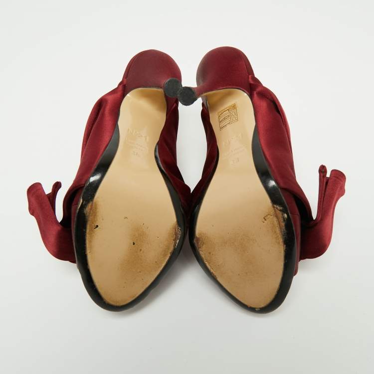 Pre Owned Nº21 Burgundy Satin Raso Knot Peep Toe Mules Size 38