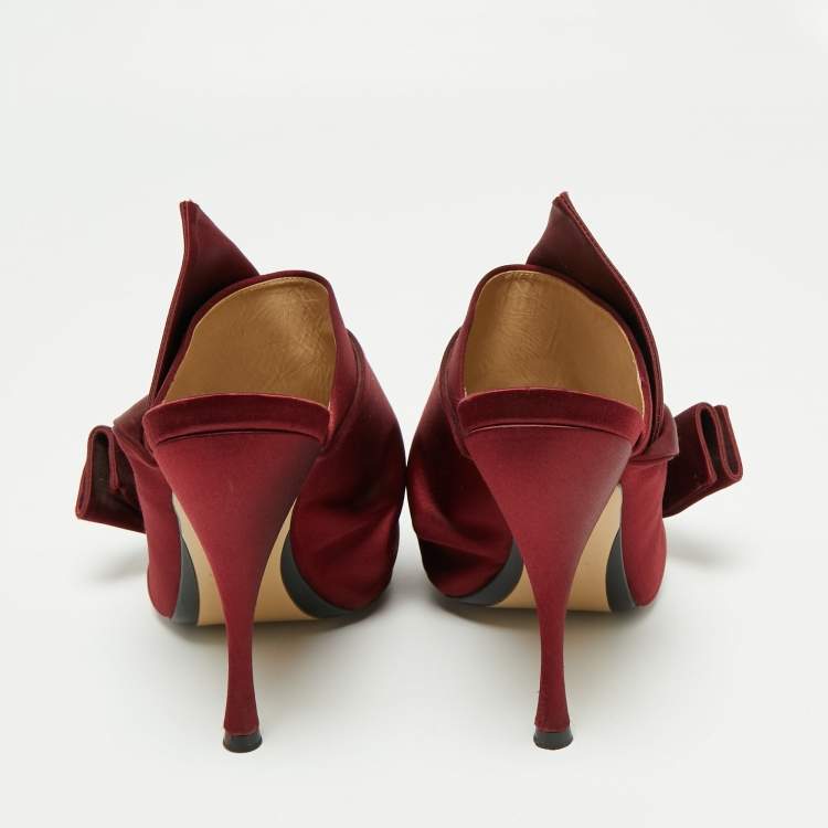 Pre Owned Nº21 Burgundy Satin Raso Knot Peep Toe Mules Size 38