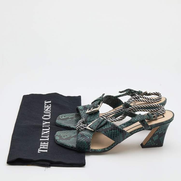 Pre Owned N21 Green Snakeskin Embossed Leather Buckle Detail Slingback Sandals Size 40