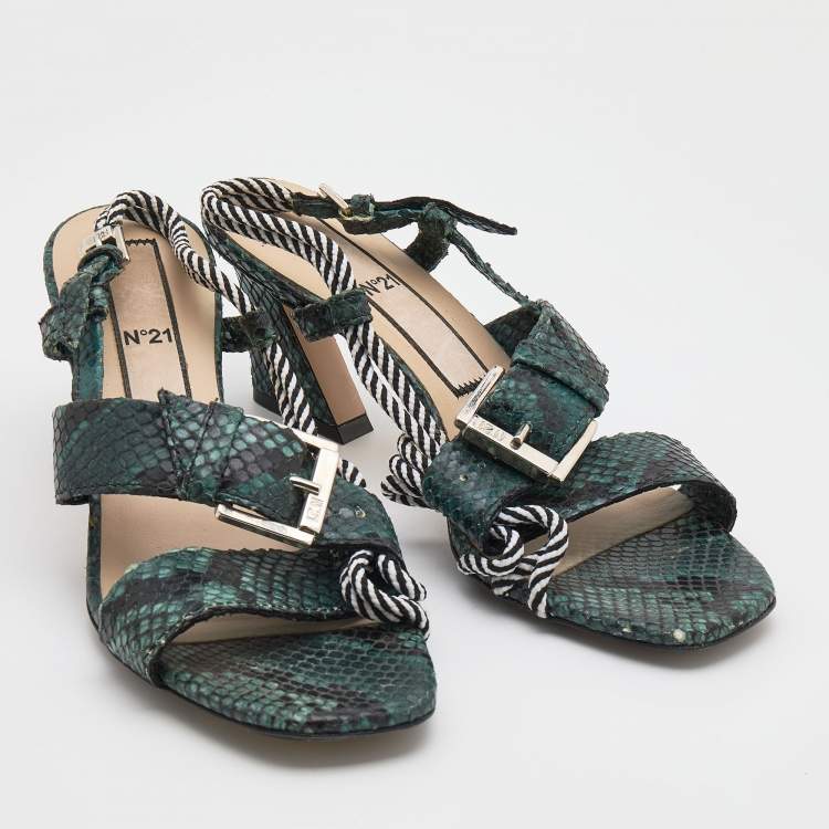 Pre Owned N21 Green Snakeskin Embossed Leather Buckle Detail Slingback Sandals Size 40