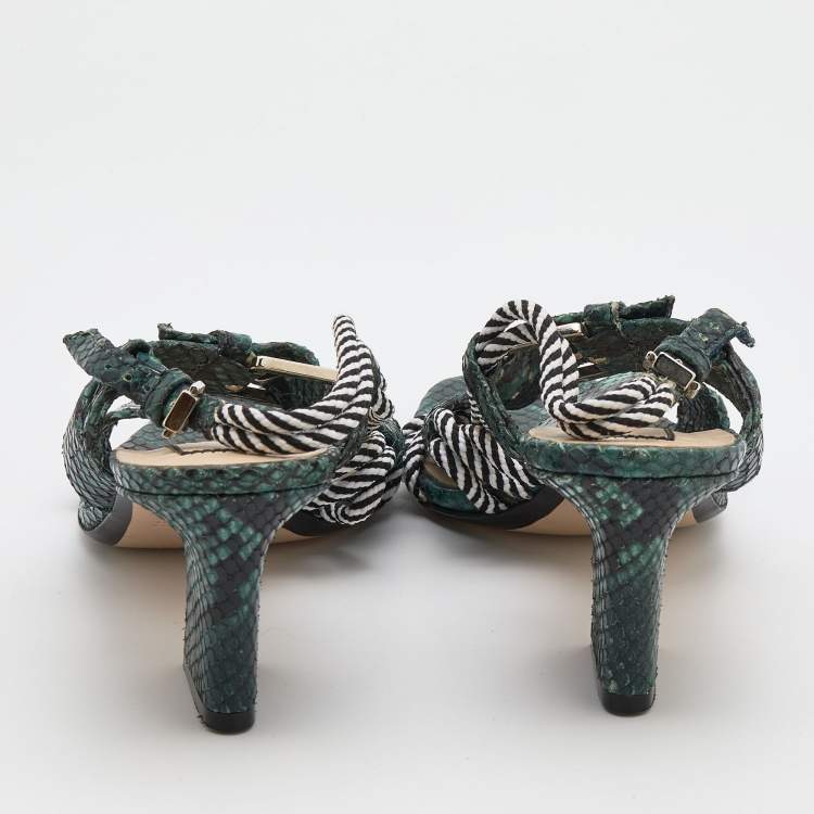 Pre Owned N21 Green Snakeskin Embossed Leather Buckle Detail Slingback Sandals Size 40