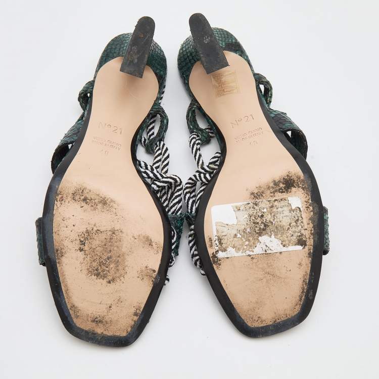 Pre Owned N21 Green Snakeskin Embossed Leather Buckle Detail Slingback Sandals Size 40