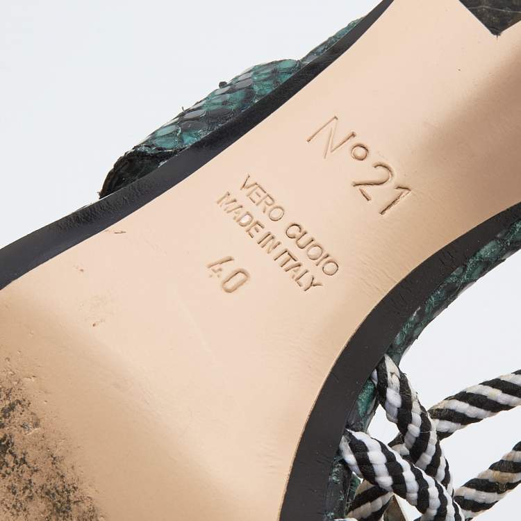 Pre Owned N21 Green Snakeskin Embossed Leather Buckle Detail Slingback Sandals Size 40