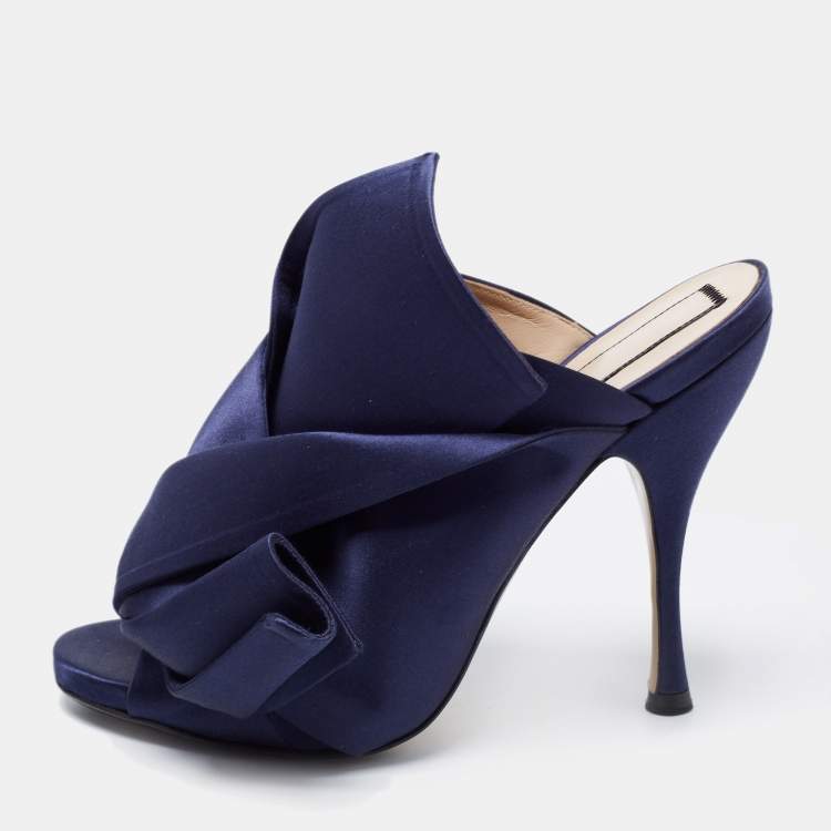 Pre Owned Nº21 Navy Blue Satin Raso Knot Peep Toe Mules Size 38 