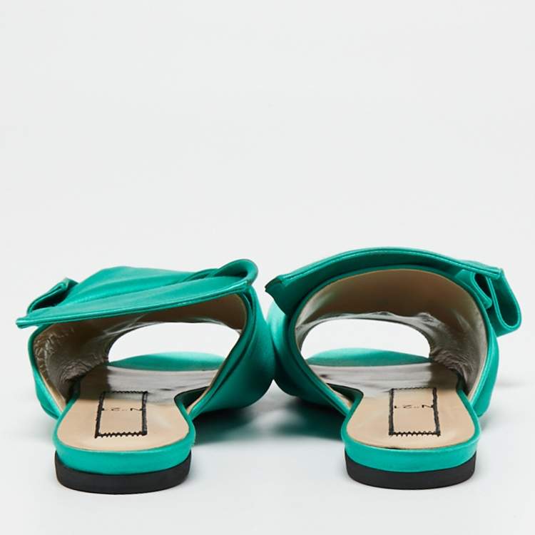 Pre Owned Nº21 Green Satin Knot Flat Mules Size 39
