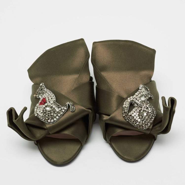 Pre Owned Nº21 Olive Green Satin Embellished  Raso Knot Flat Slides Size 38