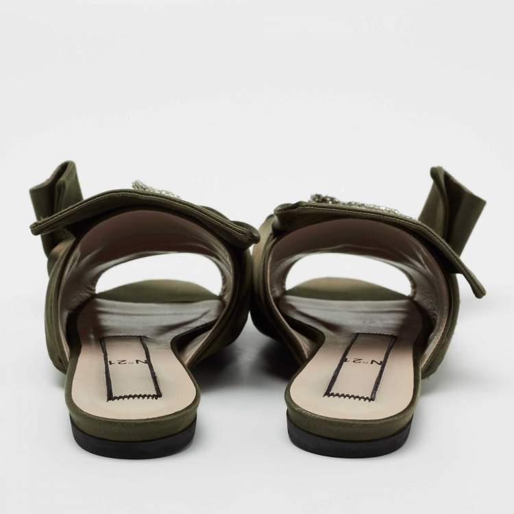 Pre Owned Nº21 Olive Green Satin Embellished  Raso Knot Flat Slides Size 38