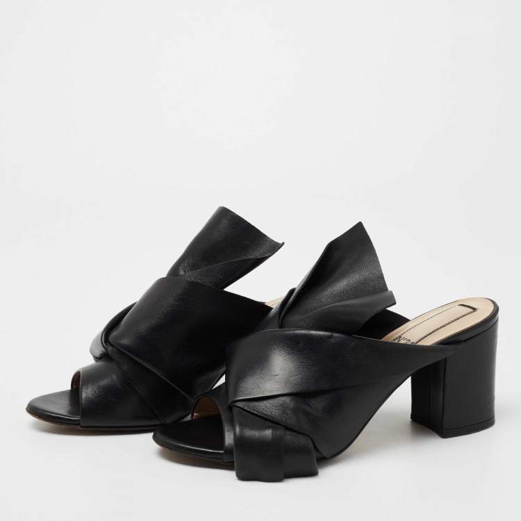 Pre Owned Nº21 Black Leather Raso Knot Block Heel Mules Size 37.5