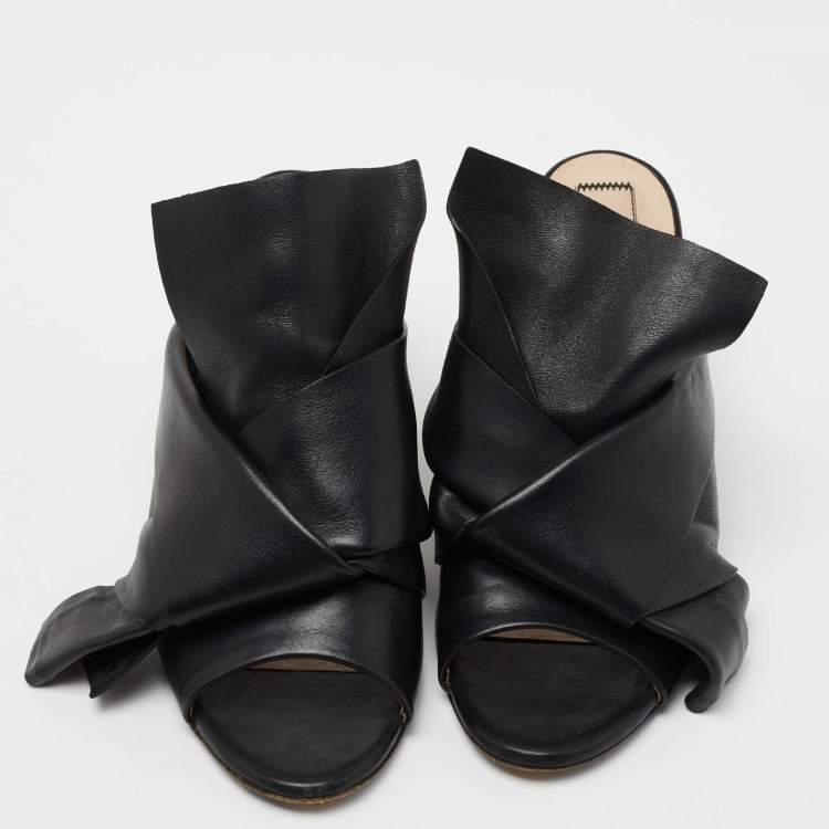 Pre Owned Nº21 Black Leather Raso Knot Block Heel Mules Size 37.5