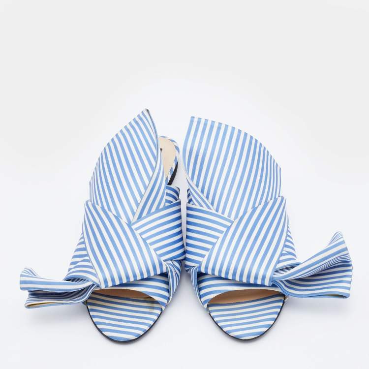 Pre Owned Nº21 Blue/White Satin Knot Flat Mules Size 37