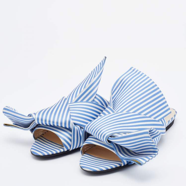Pre Owned Nº21 Blue/White Satin Knot Flat Mules Size 37