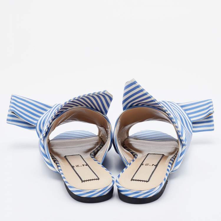 Pre Owned Nº21 Blue/White Satin Knot Flat Mules Size 37