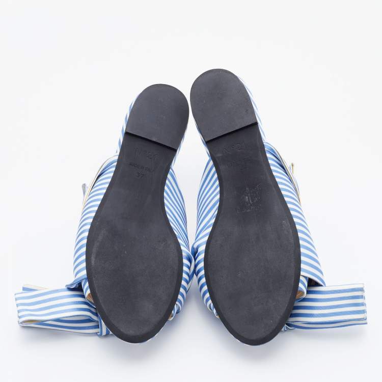 Pre Owned Nº21 Blue/White Satin Knot Flat Mules Size 37