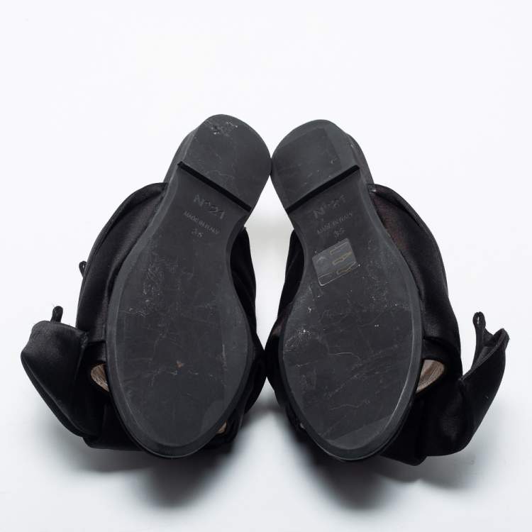 Pre Owned Nº21 Black Satin Knot Flat Mules Size 35